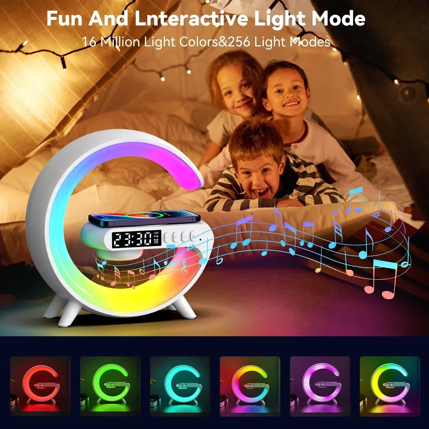 RGB Night Light Wireless Charger with Bluetooth Speaker & Alarm Clock