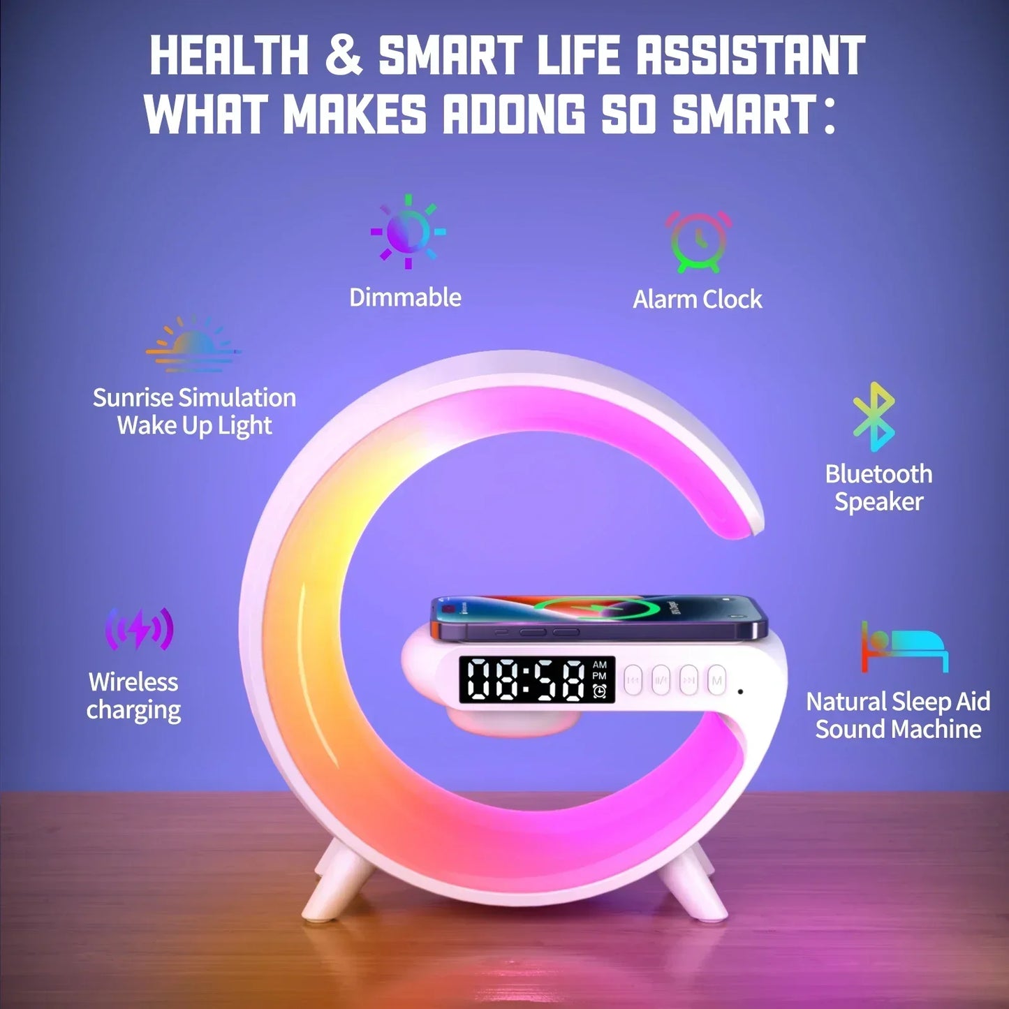 RGB Night Light Wireless Charger with Bluetooth Speaker & Alarm Clock